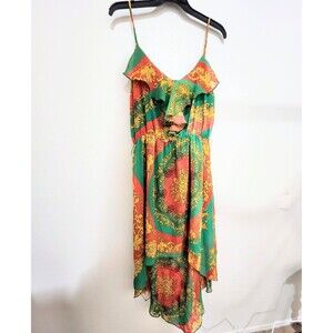 Camisole Style Green Print Ruffled Front Silky High Low Dress 3X